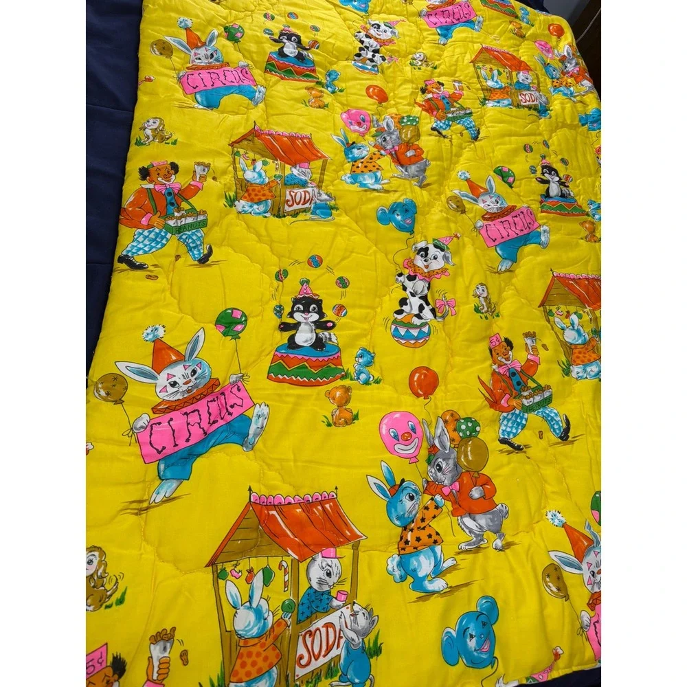 Vintage 70s Circus Quilt CribYellow Retro Carnival Animal Print 41x55 Kitsch